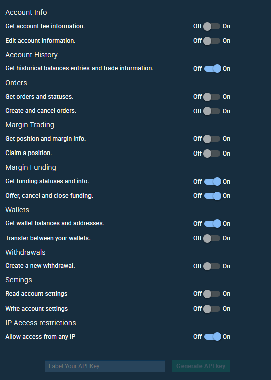 Bitfinex API permission settings with account history, margin funding, wallet read access, and unrestricted IP access enabled